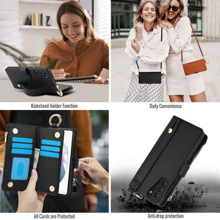 For Samsung Galaxy S21+ 5G Crossbody Ring Multifunctional Wallet Leather Phone Case