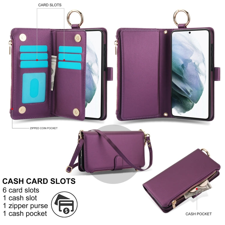For Samsung Galaxy S21+ 5G Crossbody Ring Multifunctional Wallet Leather Phone Case
