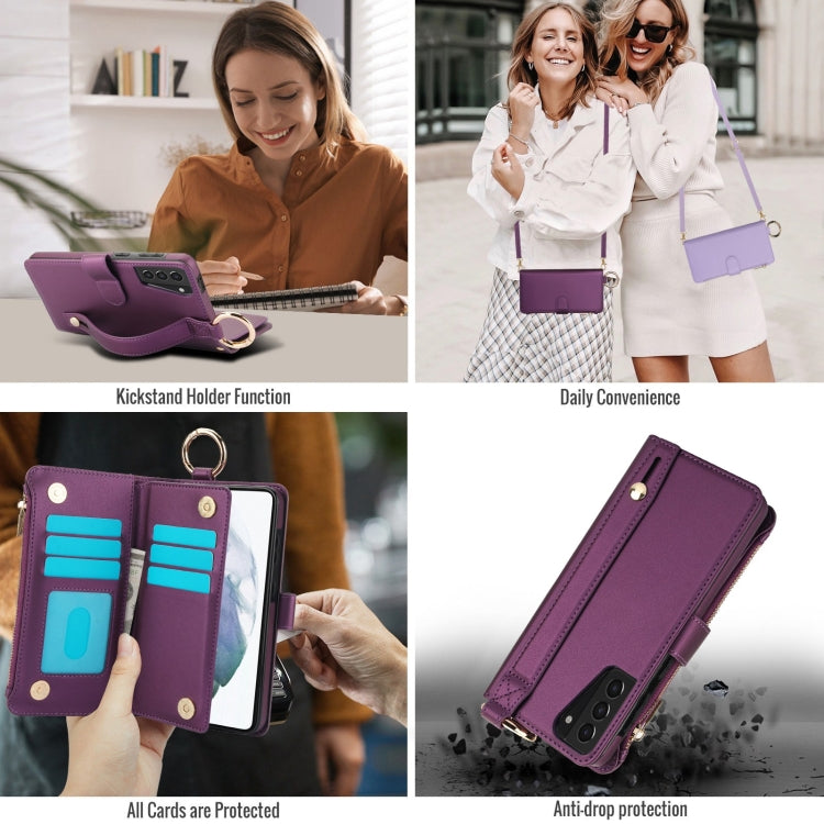 For Samsung Galaxy S21+ 5G Crossbody Ring Multifunctional Wallet Leather Phone Case