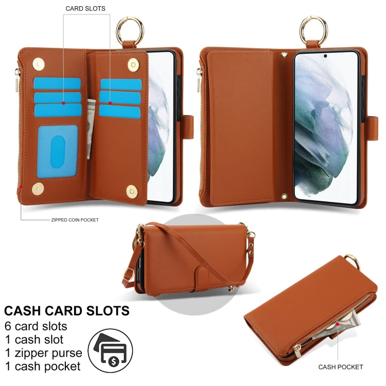 For Samsung Galaxy S21+ 5G Crossbody Ring Multifunctional Wallet Leather Phone Case