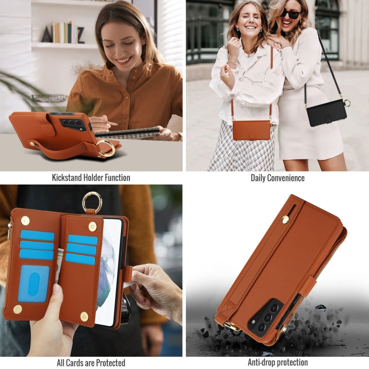 For Samsung Galaxy S21+ 5G Crossbody Ring Multifunctional Wallet Leather Phone Case