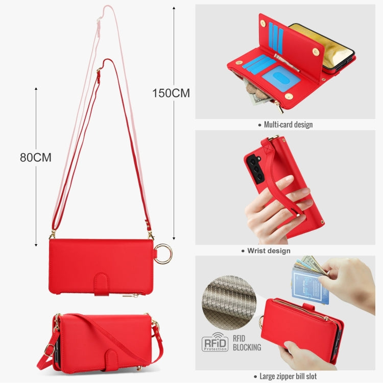 For Samsung Galaxy S21 FE 5G Crossbody Ring Multifunctional Wallet Leather Phone Case