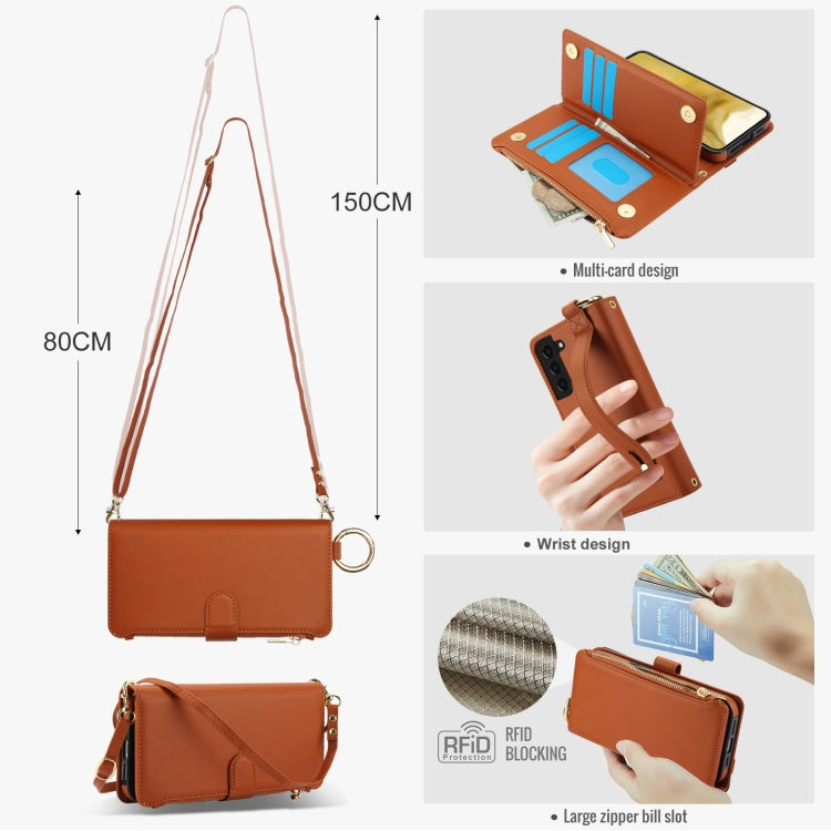 For Samsung Galaxy S21 FE 5G Crossbody Ring Multifunctional Wallet Leather Phone Case