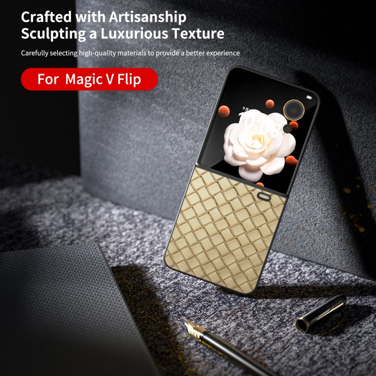For Honor Magic V Flip Black Frame Woven Texture PU Phone Case