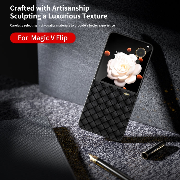 For Honor Magic V Flip Black Frame Woven Texture PU Phone Case