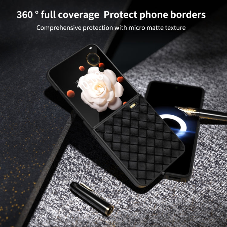 For Honor Magic V Flip Black Frame Woven Texture PU Phone Case