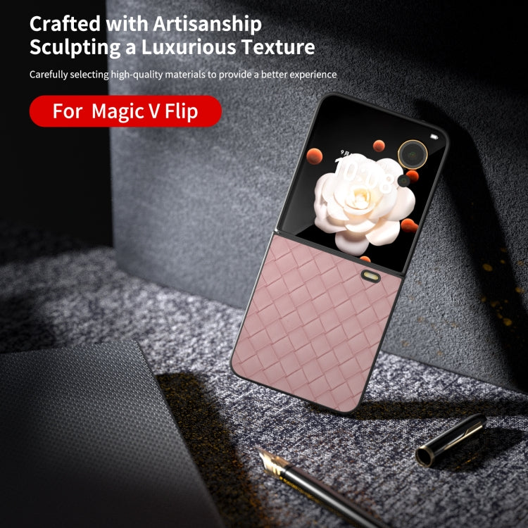 For Honor Magic V Flip Black Frame Woven Texture PU Phone Case