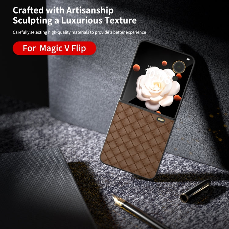 For Honor Magic V Flip Black Frame Woven Texture PU Phone Case