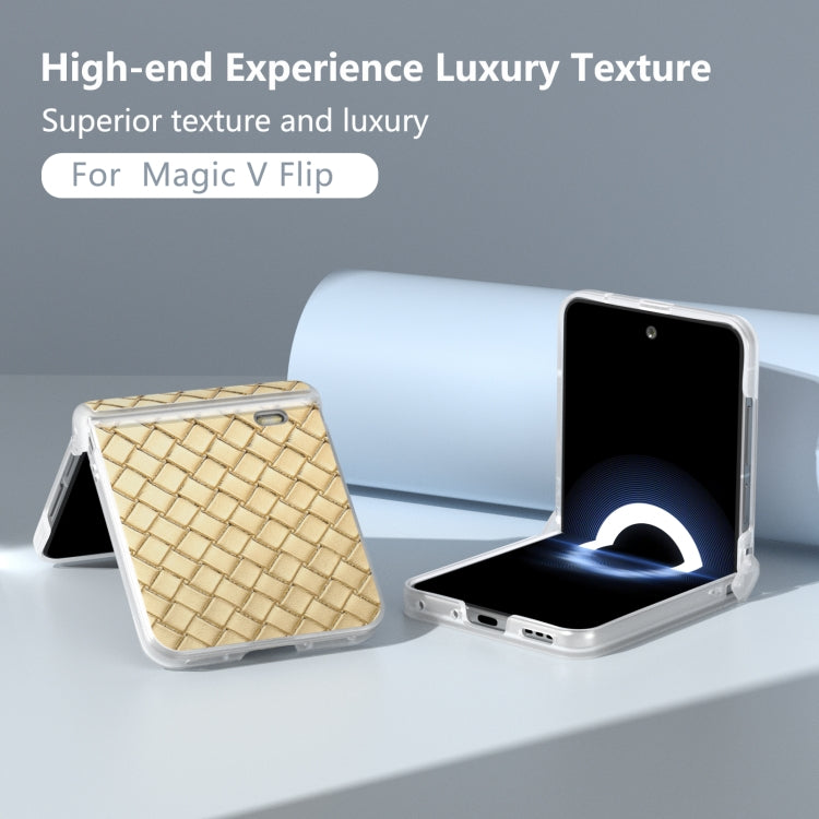 For Honor Magic V Flip Three Parts Frosted Translucent Frame Woven Texture PU Phone Case