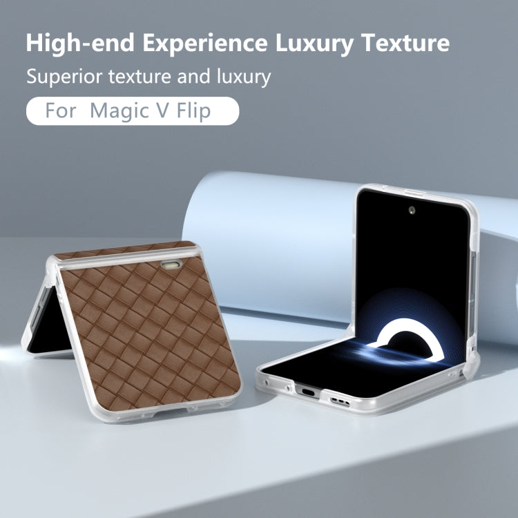 For Honor Magic V Flip Three Parts Frosted Translucent Frame Woven Texture PU Phone Case