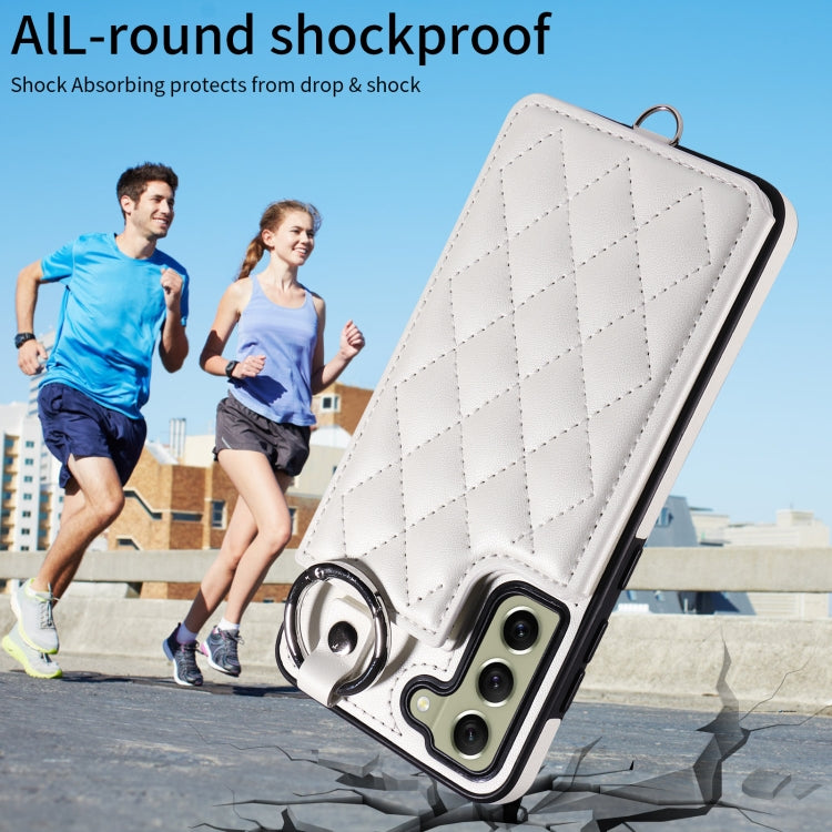 For Samsung Galaxy S21 FE 5G Rhombic Texture Card Bag Phone Case with Short Lanyard