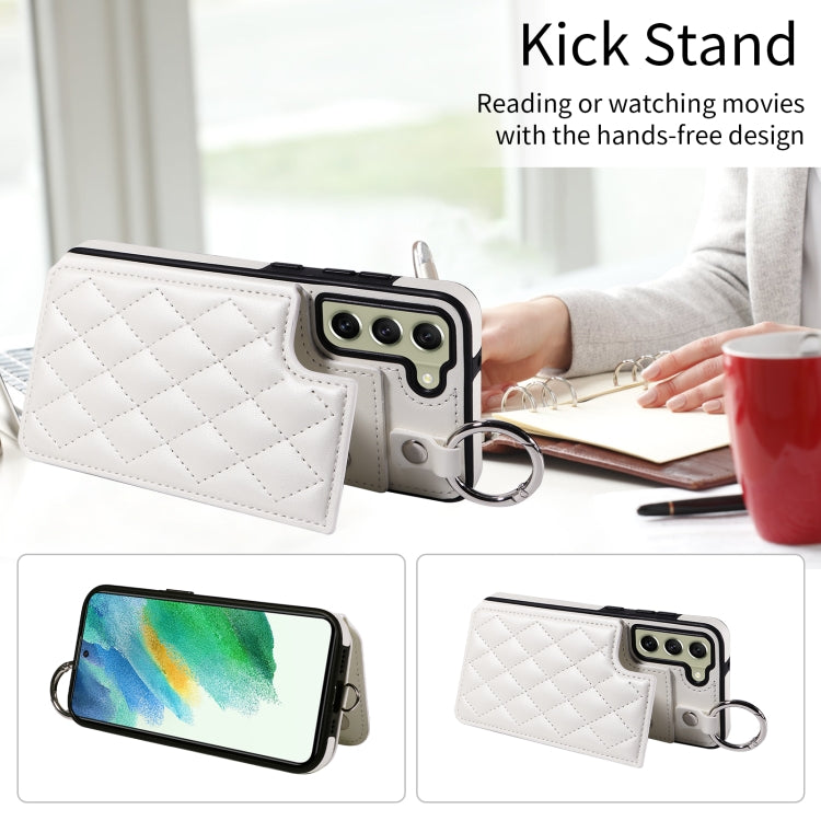 For Samsung Galaxy S21 FE 5G Rhombic Texture Card Bag Phone Case with Short Lanyard