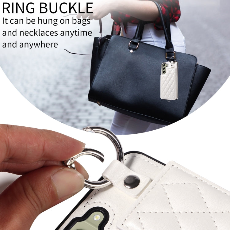 For Samsung Galaxy S21 FE 5G Rhombic Texture Card Bag Phone Case with Short Lanyard