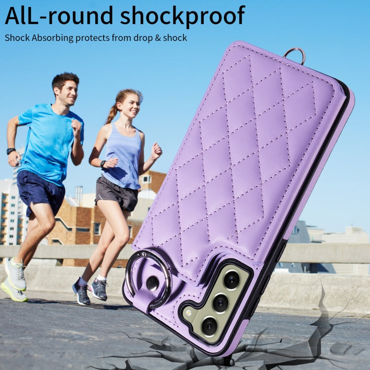 For Samsung Galaxy S21 FE 5G Rhombic Texture Card Bag Phone Case with Short Lanyard