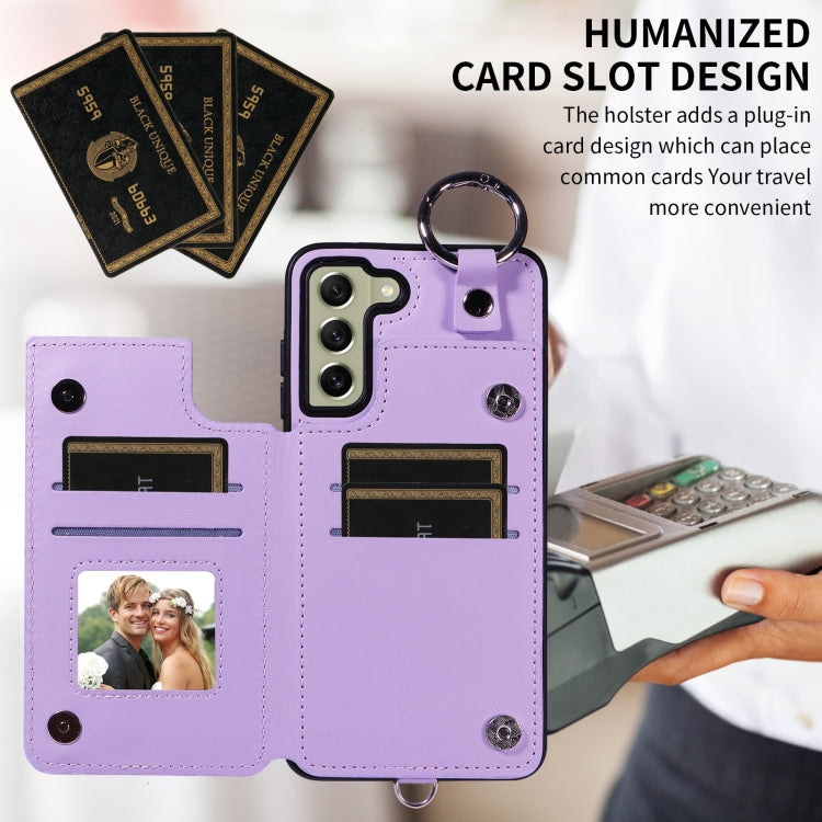 For Samsung Galaxy S21 FE 5G Rhombic Texture Card Bag Phone Case with Short Lanyard