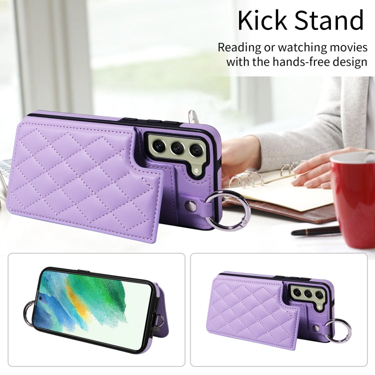 For Samsung Galaxy S21 FE 5G Rhombic Texture Card Bag Phone Case with Short Lanyard