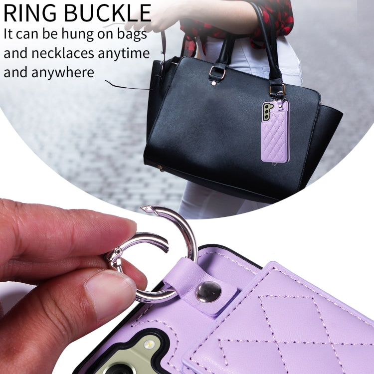 For Samsung Galaxy S21 FE 5G Rhombic Texture Card Bag Phone Case with Short Lanyard