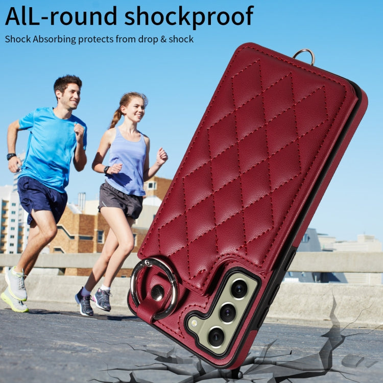 For Samsung Galaxy S21 FE 5G Rhombic Texture Card Bag Phone Case with Short Lanyard