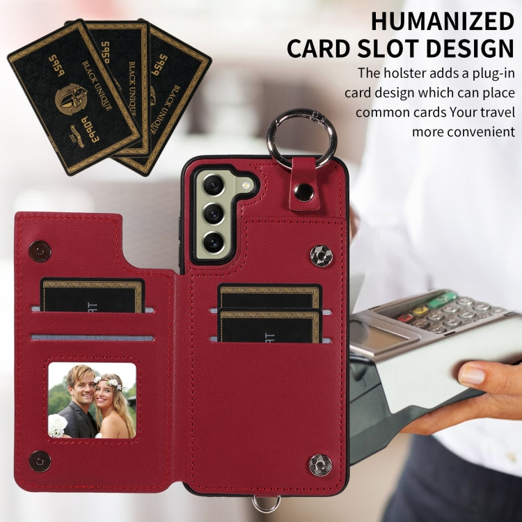 For Samsung Galaxy S21 FE 5G Rhombic Texture Card Bag Phone Case with Short Lanyard