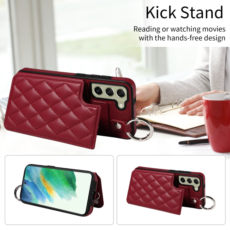 For Samsung Galaxy S21 FE 5G Rhombic Texture Card Bag Phone Case with Short Lanyard