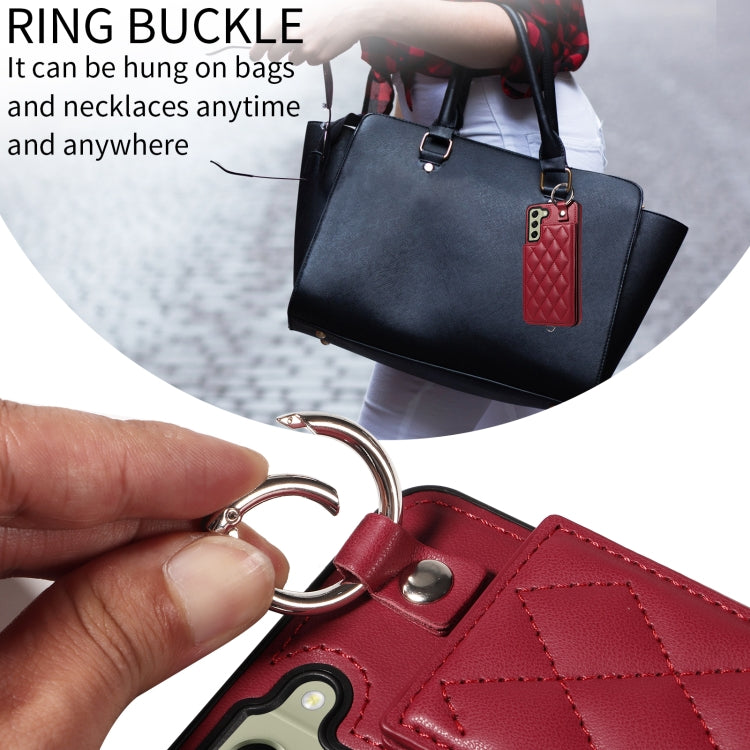 For Samsung Galaxy S21 FE 5G Rhombic Texture Card Bag Phone Case with Short Lanyard