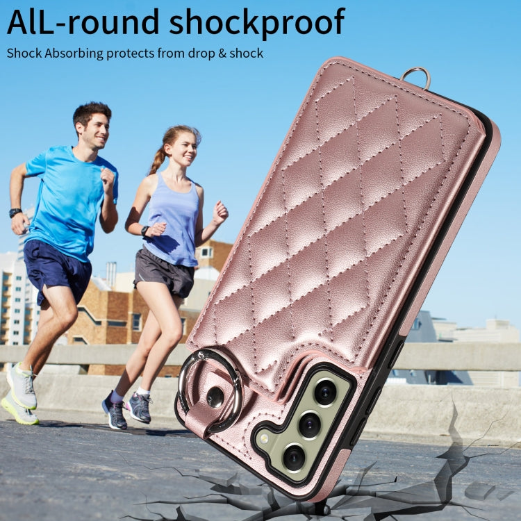 For Samsung Galaxy S21 FE 5G Rhombic Texture Card Bag Phone Case with Short Lanyard