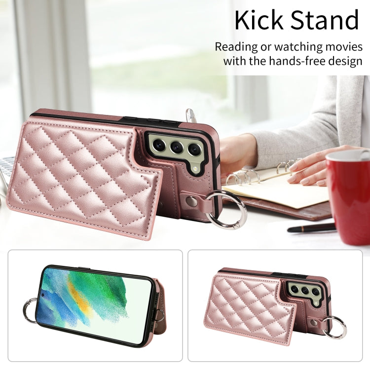 For Samsung Galaxy S21 FE 5G Rhombic Texture Card Bag Phone Case with Short Lanyard