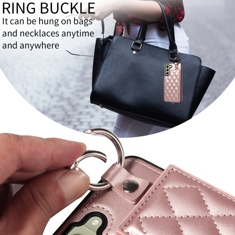 For Samsung Galaxy S21 FE 5G Rhombic Texture Card Bag Phone Case with Short Lanyard