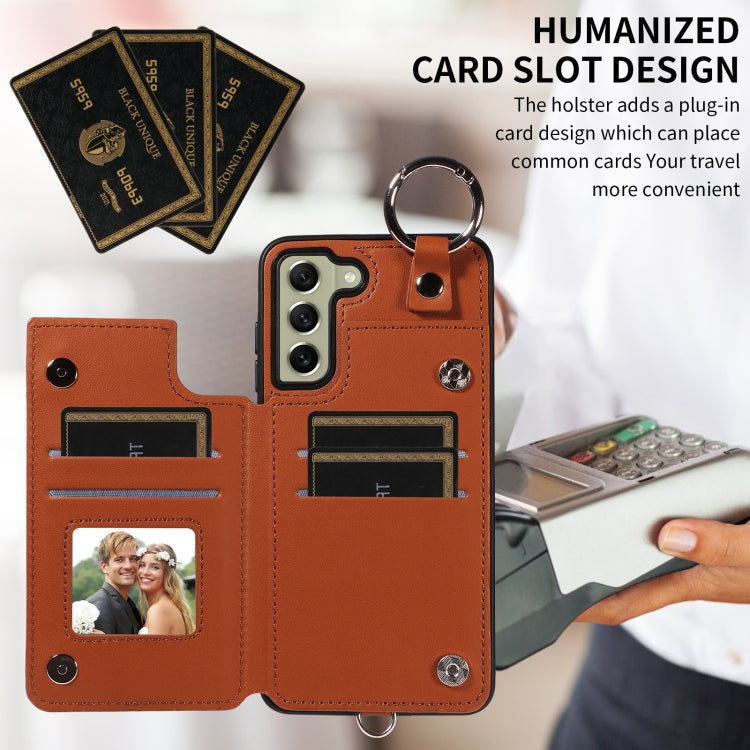 For Samsung Galaxy S21 FE 5G Rhombic Texture Card Bag Phone Case with Short Lanyard