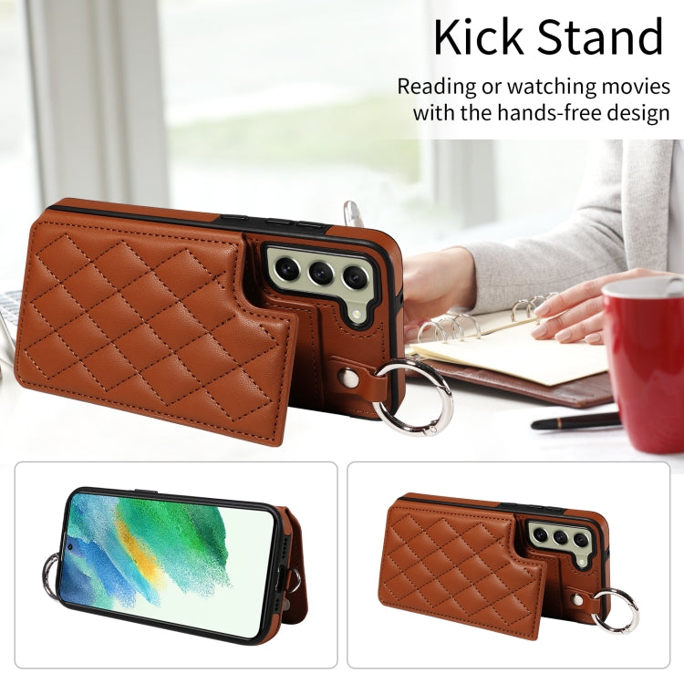 For Samsung Galaxy S21 FE 5G Rhombic Texture Card Bag Phone Case with Short Lanyard