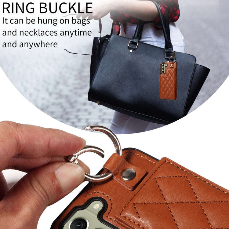 For Samsung Galaxy S21 FE 5G Rhombic Texture Card Bag Phone Case with Short Lanyard