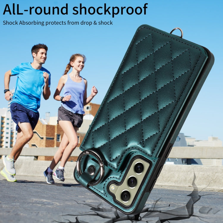 For Samsung Galaxy S21 FE 5G Rhombic Texture Card Bag Phone Case with Short Lanyard