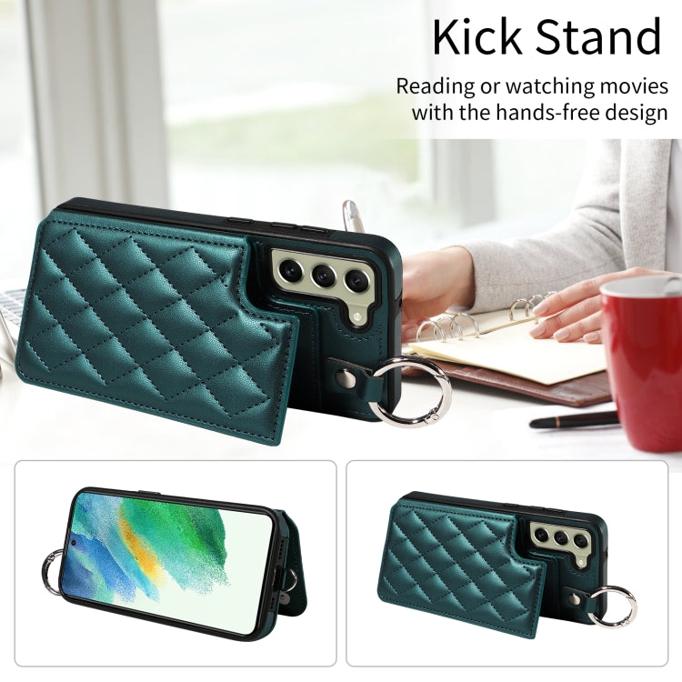 For Samsung Galaxy S21 FE 5G Rhombic Texture Card Bag Phone Case with Short Lanyard