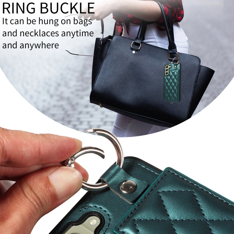 For Samsung Galaxy S21 FE 5G Rhombic Texture Card Bag Phone Case with Short Lanyard