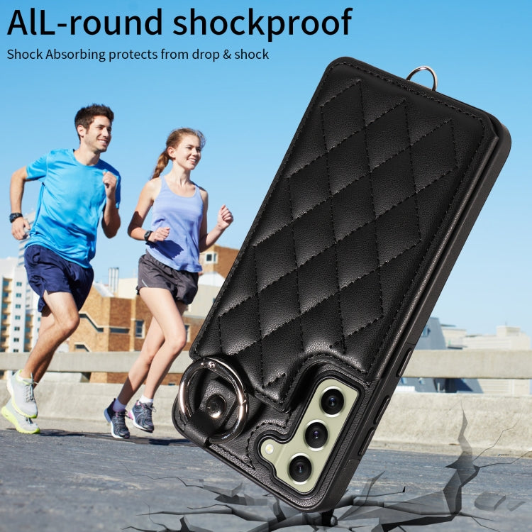 For Samsung Galaxy S21 FE 5G Rhombic Texture Card Bag Phone Case with Short Lanyard