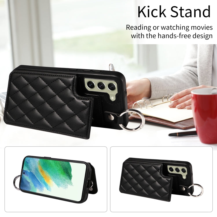 For Samsung Galaxy S21 FE 5G Rhombic Texture Card Bag Phone Case with Short Lanyard