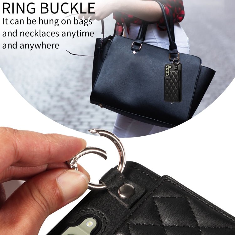 For Samsung Galaxy S21 FE 5G Rhombic Texture Card Bag Phone Case with Short Lanyard