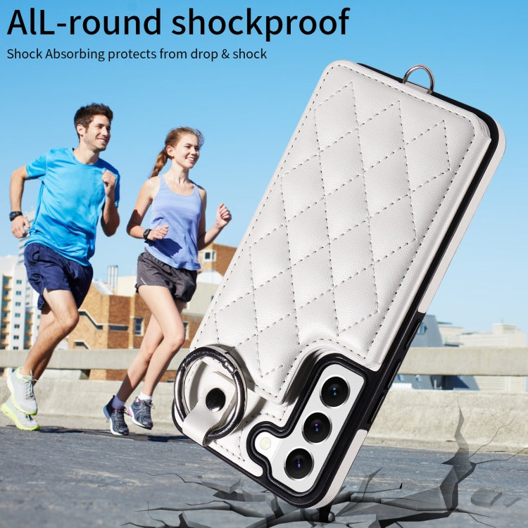 For Samsung Galaxy S22 5G Rhombic Texture Card Bag Phone Case with Short Lanyard