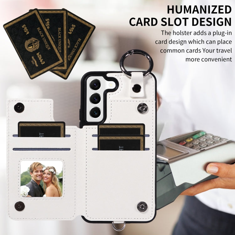 For Samsung Galaxy S22 5G Rhombic Texture Card Bag Phone Case with Short Lanyard