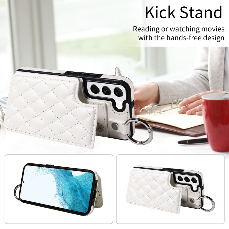 For Samsung Galaxy S22 5G Rhombic Texture Card Bag Phone Case with Short Lanyard