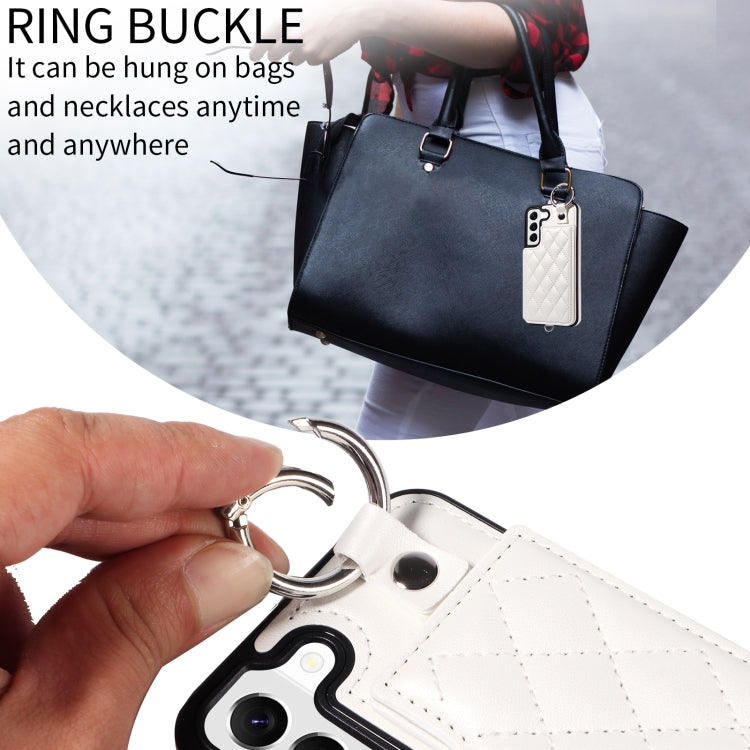 For Samsung Galaxy S22 5G Rhombic Texture Card Bag Phone Case with Short Lanyard