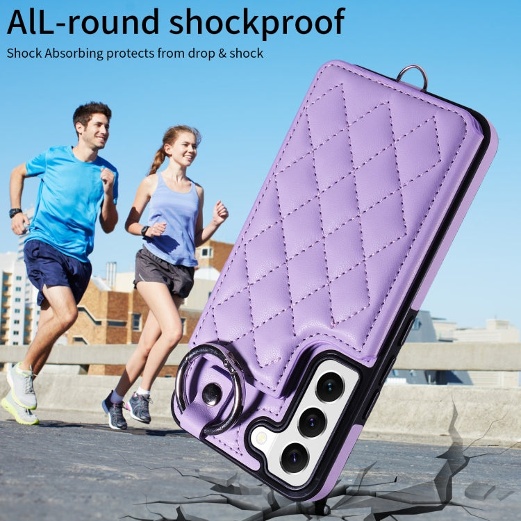 For Samsung Galaxy S22 5G Rhombic Texture Card Bag Phone Case with Short Lanyard