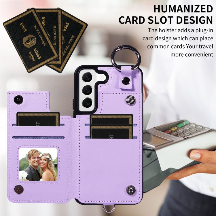 For Samsung Galaxy S22 5G Rhombic Texture Card Bag Phone Case with Short Lanyard