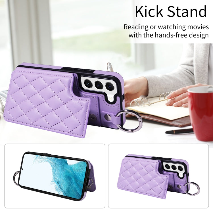 For Samsung Galaxy S22 5G Rhombic Texture Card Bag Phone Case with Short Lanyard