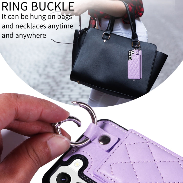 For Samsung Galaxy S22 5G Rhombic Texture Card Bag Phone Case with Short Lanyard
