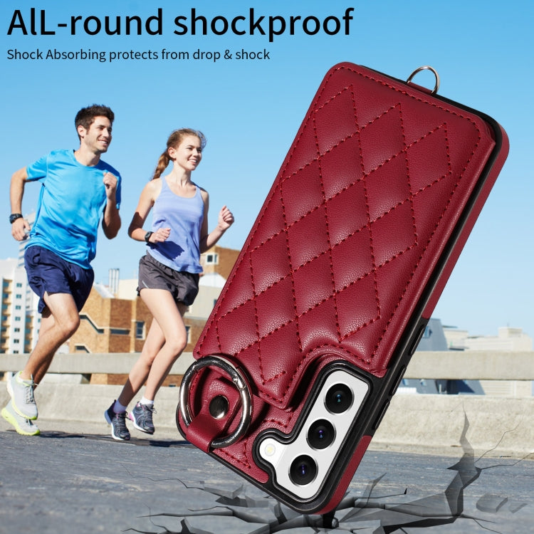 For Samsung Galaxy S22 5G Rhombic Texture Card Bag Phone Case with Short Lanyard