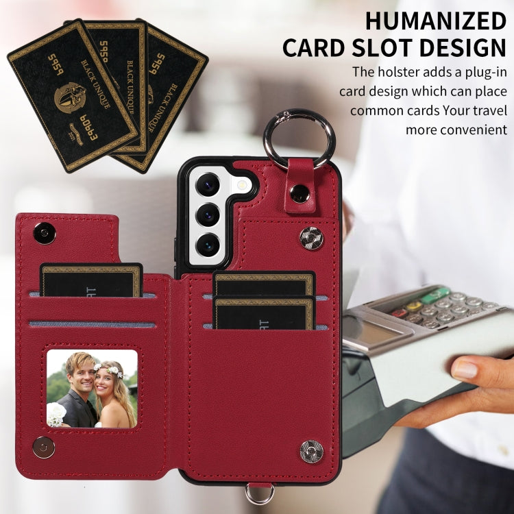 For Samsung Galaxy S22 5G Rhombic Texture Card Bag Phone Case with Short Lanyard
