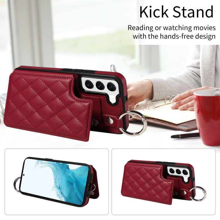 For Samsung Galaxy S22 5G Rhombic Texture Card Bag Phone Case with Short Lanyard