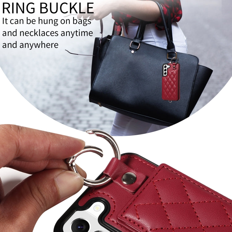 For Samsung Galaxy S22 5G Rhombic Texture Card Bag Phone Case with Short Lanyard