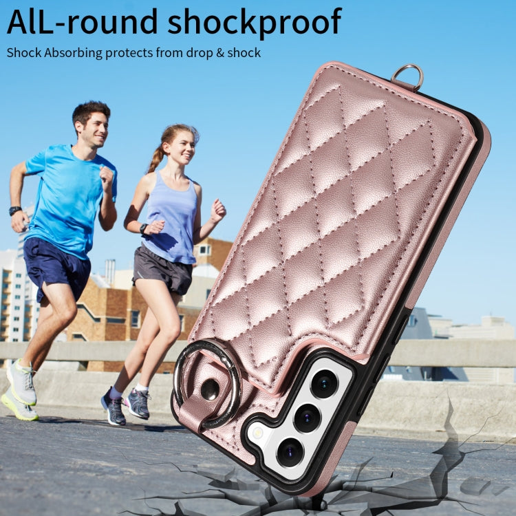 For Samsung Galaxy S22 5G Rhombic Texture Card Bag Phone Case with Short Lanyard